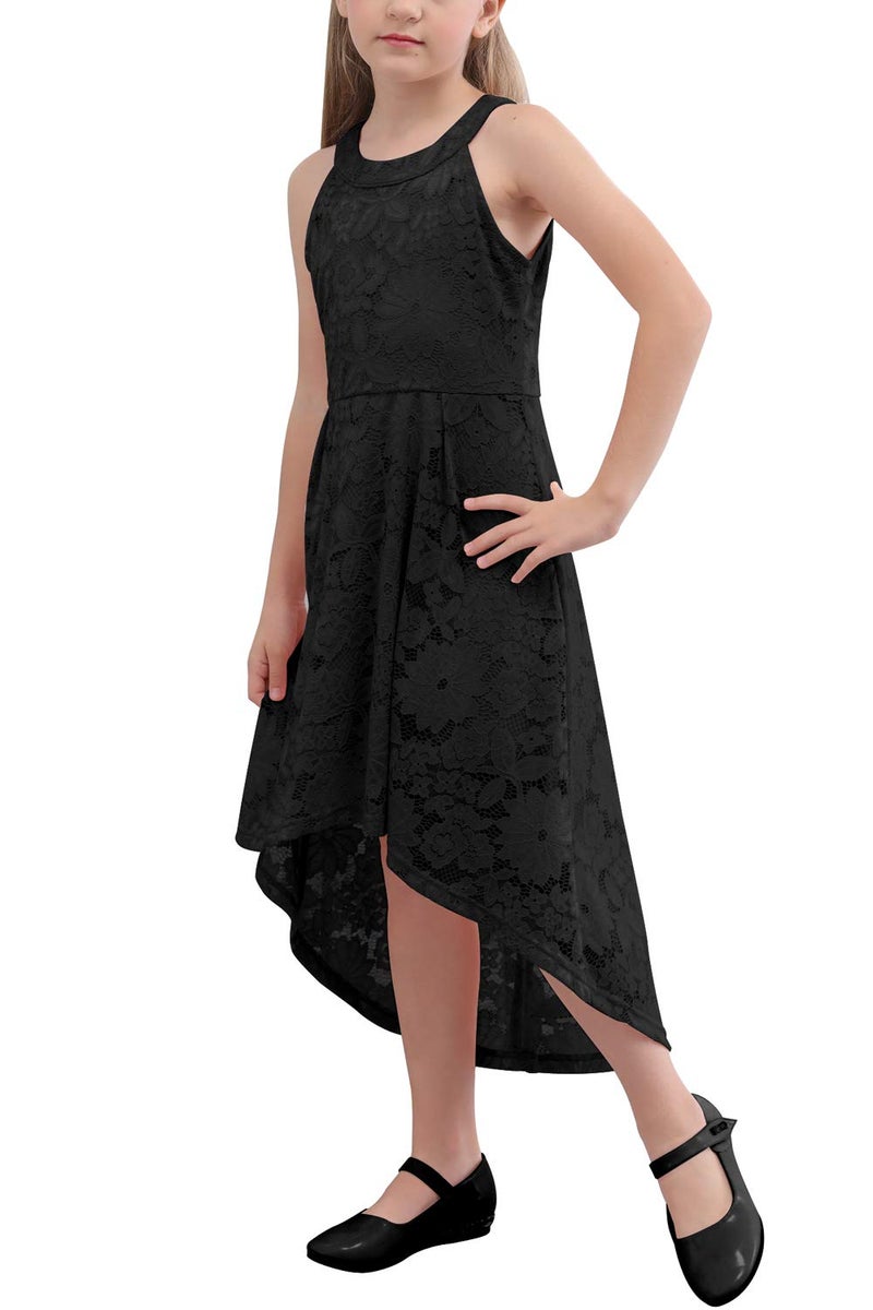 GORLYA Girl's Elegant Halter Neck Floral Lace Hi-Lo Flower Girl Birthday Party Dress for 4-14T Kids (GOR1027, 11-12Y, Black) - Image 1